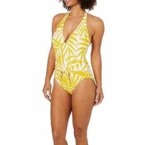 Carmen Marc Valvo Palm Yellow Halter Swimsuit Sz 8